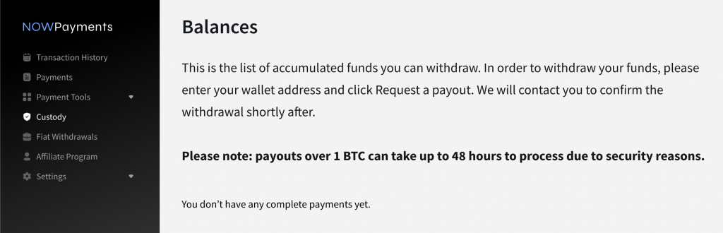 Crypto optional Custody feature by NOWPayments